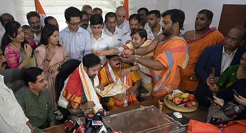 G. Krishna Reddy offer puja before  assuming charge as Coal and Mines minister at Shastri Bhawan in New Delhi on Thursday.  