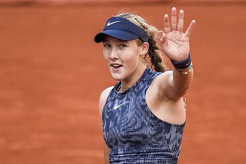 Russia's  Mirra Andreeva celebrates winning her fourth round match of the French Open tennis tournament on Monday, June 3, 2024.