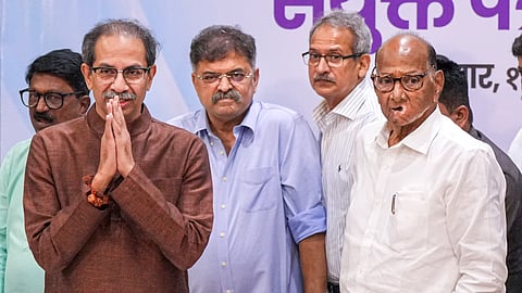  NCP chief Sharad Pawar and Shiv Sena (UBT) chief Uddhav Thackeray during a joint press conference, in Mumbai