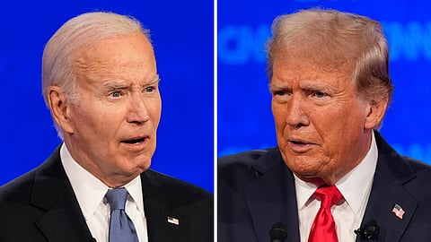 This combination of photos shows President Joe Biden, left, and Republican presidential candidate former President Donald Trump during a presidential debate hosted by CNN, Thursday, June 27, 2024, in Atlanta.