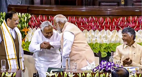 Senior BJP leader Narendra Modi with Bihar CM and JD(U) leader Nitish Kumar,  BJP National President J.P. Nadda and TDP chief N. Chandrababu Naidu during the NDA parliamentary party meeting at Samvidhan Sadan, in New Delhi, Friday, June 7, 2024.