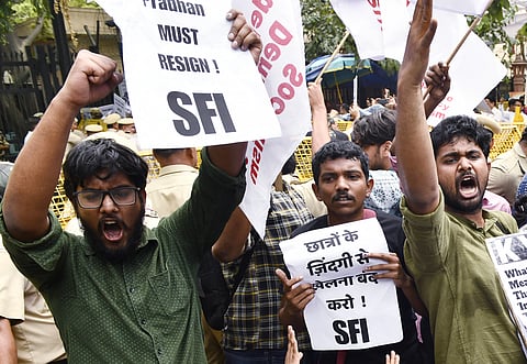 Members of Students Federation of India  and other student unions stage a protest over NEET and UGC-NET issues outside Shastri Bhawan, in New Delhi