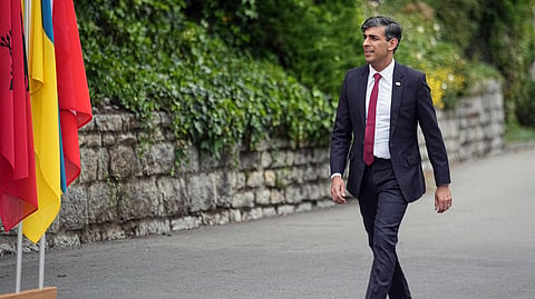 British Prime Minister Rishi Sunak arrives at the Ukraine peace summit in Obbürgen, Switzerland, Saturday, June 15, 2024.