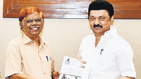 Justice K Chandru hands over the report to CM MK Stalin on Tuesday 
