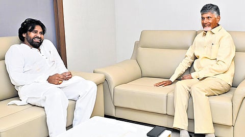 Deputy Chief Minister and Jana Sena Party chief Pawan Kalyan called on Chief Minister N Chandrababu Naidu at the State Secretariat on Tuesday 