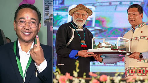(Left)Sikkim Chief Minister Prem Singh Tamang ; Prime Minister Narendra Modi being felicitated by Arunachal Pradesh CM Pema Khandu. 