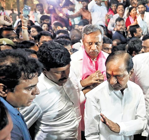 Former chief minister K Chandrasekhar Rao on his way to Gun Park during the Formation Day fete organised by the BRS on Saturday 