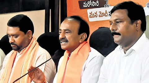Malkajgiri BJP MP Eatala Rajender addressing the media in Hyderabad on Wednesday