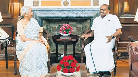 Union Minister of Heavy Industries HD Kumaraswamy meets Union Finance Minister Nirmala Sitharaman in New Delhi on Thursday.