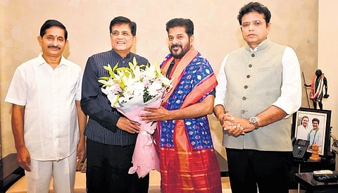 CM A Revanth Reddy greets Union Minister for Commerce Piyush Goyal at his residence in Hyderabad on Sunday 