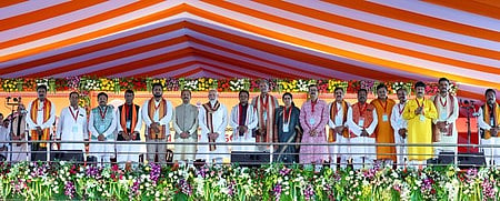 Prime minister Modi with CM Mohan Majhi and his team after the oath taking ceremony in Bhubaneswar on Wednesday