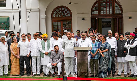 INDIA bloc leaders after meeting at Kharge's residence, in New Delhi, Saturday, June 1, 2024. 