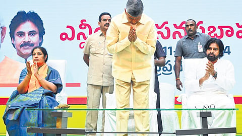 TDP supremo Nara Chandrababu Naidu greets the MLAs after being elected as the NDA Legislative Party leader at a meeting in Vijayawada on Tuesday 