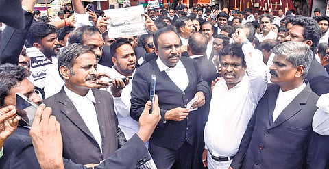 Madras High Court advocates staging a protest urging the union government to withdraw the three new criminal laws 