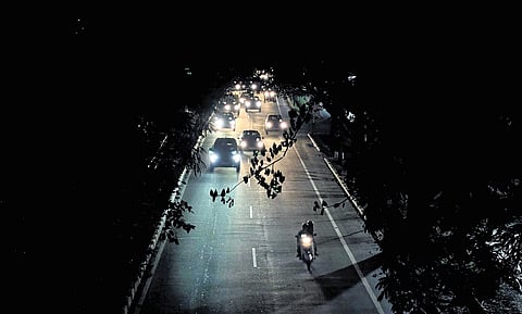 With streetlights not functioning, various stretches of Kochi bypass are pitch dark. A scene from Ponnurunni 