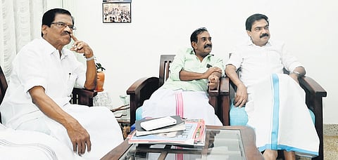 KC(M) chairman Jose K Mani and LDF candidate Thomas Chazhikdan watching the election results at the latter’s residence in Kottayam on Tuesday 