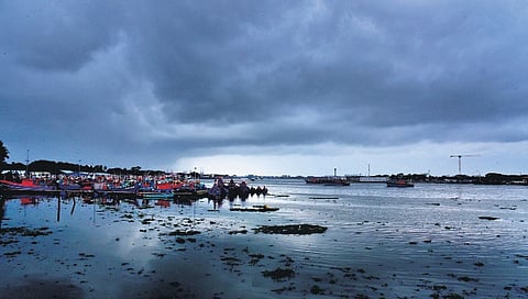 Typical nimbostratus clouds during the monsoon season which produces light and steady rain for longer duration. A scene from Thoppumpady 