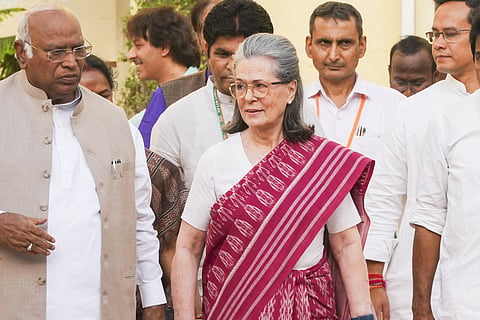  Congress President Mallikarjun Kharge with party leaders Sonia Gandhi, K.C. Venugopal and others during the Congress Parliamentary Party meeting, at the Parliament, in New Delhi, Saturday, June 8, 2024.