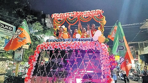 Victorious BJP candidates take out a victory rally in Baripada 
