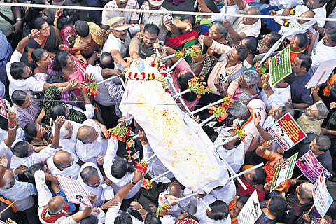 BJP cadre staged a protest condemning the government during which they carried a ‘corpse,’ in Coimbatore on Saturday 