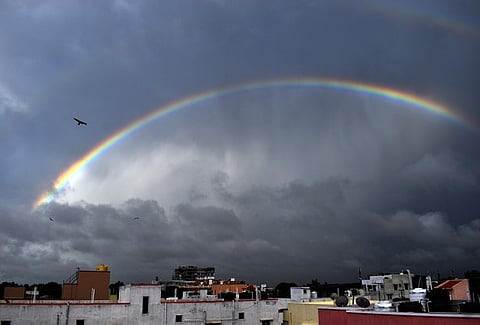 A rainbow that appeared in  Coimbatore during the first day of southwest monsoon rains 2024. 