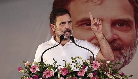 Congress MP Rahul Gandhi addresses a public meeting, in Rae Bareli, Uttar Pradesh.