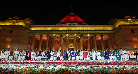 President Droupadi Murmu and Vice President Jagdeep Dhankhar with Prime Minister Narendra Modi and other ministers at the swearing-in ceremony of new Union government, at Rashtrapati Bhavan in New Delhi, Sunday, June 9, 2024. 