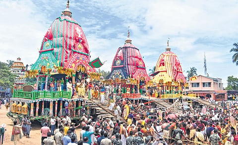 The three chariots parked in front of Gundicha temple in Puri on Monday