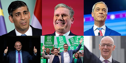 This combination photo shows the leaders of the political parties in Britain. Clockwise from top left are Conservative Party leader Prime Minister Rishi Sunak, Labour Party leader Keir Starmer,  Reform UK Party leader Nigel Farage, Liberal Democrat Party leader Ed Davey, Green Party co-leaders Carla Denyer and Adrian Ramsay and Scottish National Party John Swinney.