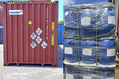 Security agencies seize banned chemicals heading to Pakistan from China at the Kattupalli Port, in Tiruvallur district. 