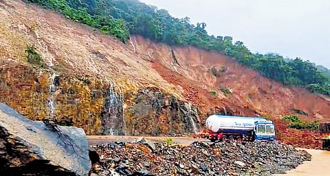 A tanker stuck on NH66 following the landslide in Shirur on Tuesday 