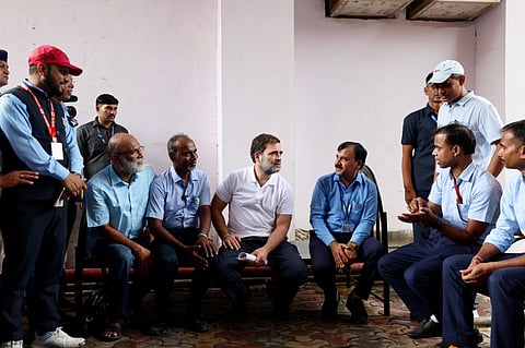 Rahul Gandhi with loco pilots in New Delhi.