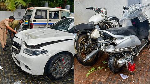 The damaged BMW car that was involved in the accident, parked on the premises of Worli police station (L),  A damaged two-wheeler that was involved in the accident, which killed a woman (R).