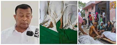 Godman Bhole Baba (L), Bodies of victims from Hathras stampede