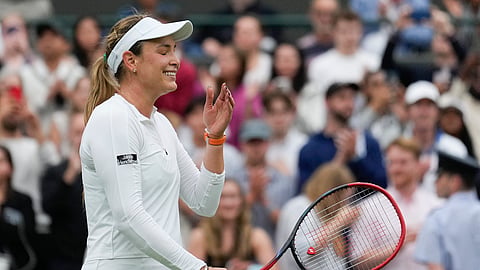 Donna Vekic of Croatia reacts after defeating Lulu Sun of New Zealand in their quarterfinal match at the Wimbledon tennis championships in London, Tuesday, July 9, 2024.