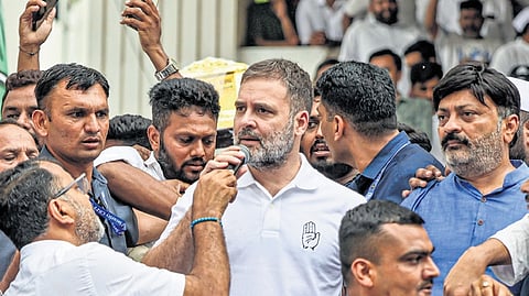 Rahul Gandhi during a meeting with party workers in Ahmedabad on Saturday.