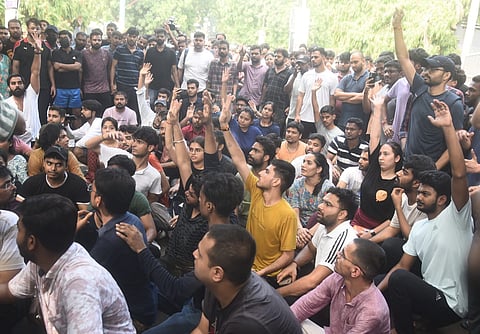 Students protesting at Old Rajinder Nagar,where 3 students died in a coaching centre last Night, after it was waterlogged in basement of building. 