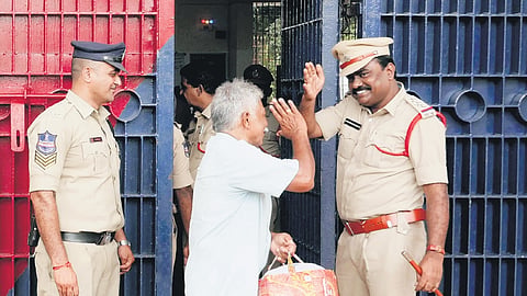 D Rajam, a prisoner, salutes a police officer after walking out of Central Prison on remission in Cherlapally on Wednesday 