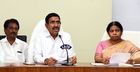 Minister P Narayana during a review meeting on Thursday. 