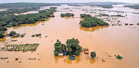 A drone image of floods along the Aghanashini river in Uttara Kannada district.
