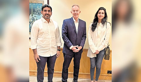 HRD, IT and Electronics Minister Nara Lokesh along with his wife Brahmani meet former UK Prime Minister Tony Blair on Saturday