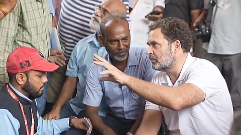 Congress leader Rahul Gandhi interacts with loco pilots at the New Delhi Railway Station.