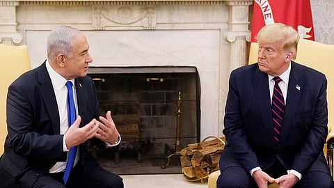 Former President Donald Trump, and Israeli Prime Minister Benjamin at the White House in Washington. 