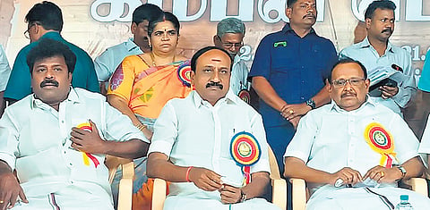 Law Minister S Regupathy taking part in  49th annual ‘Kamban Kazhgam’ meeting held in Pudukkottai on Sunday 