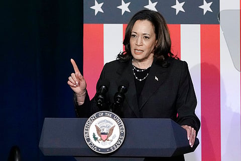 Vice President Kamala Harris speaks at a campaign event, Wednesday, July 17, 2024, in Kalamazoo, Michigan.