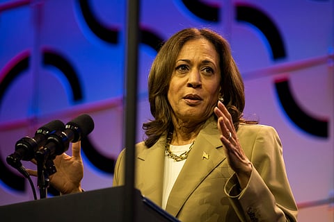 Vice President Kamala Harris speaks during an Asian and Pacific Islander American Vote Town Hall, Saturday, July 13, 2024, in Philadelphia. 