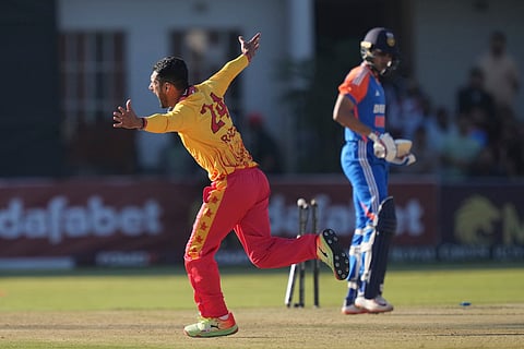 Zimbabwe's Sikandar Raza celebrates a wicket during the T20 cricket match against India at Harare Sports club