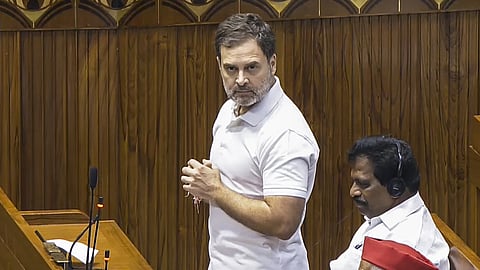 Leader of Opposition in the Lok Sabha Rahul Gandhi speaks in the House during ongoing Parliament session, in New Delhi, Monday, July 1, 2024. 