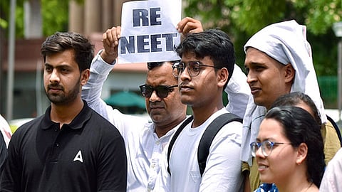 Representational image of students protesting demanding a retest for the NEET UG exam. 