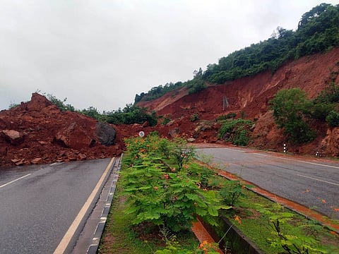 Landslide seen on Ankola-Kumta Road NH 17 on Tuesday due to rain. 